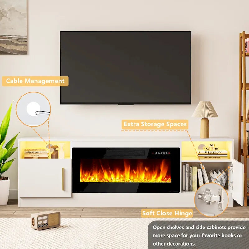 70-Zoll-TV-Ständer mit Kamin und 36-Zoll-Elektrokamin, für Fernseher bis 80 Zoll, LED-Beleuchtung in 16 Farben/Entertainment-Center