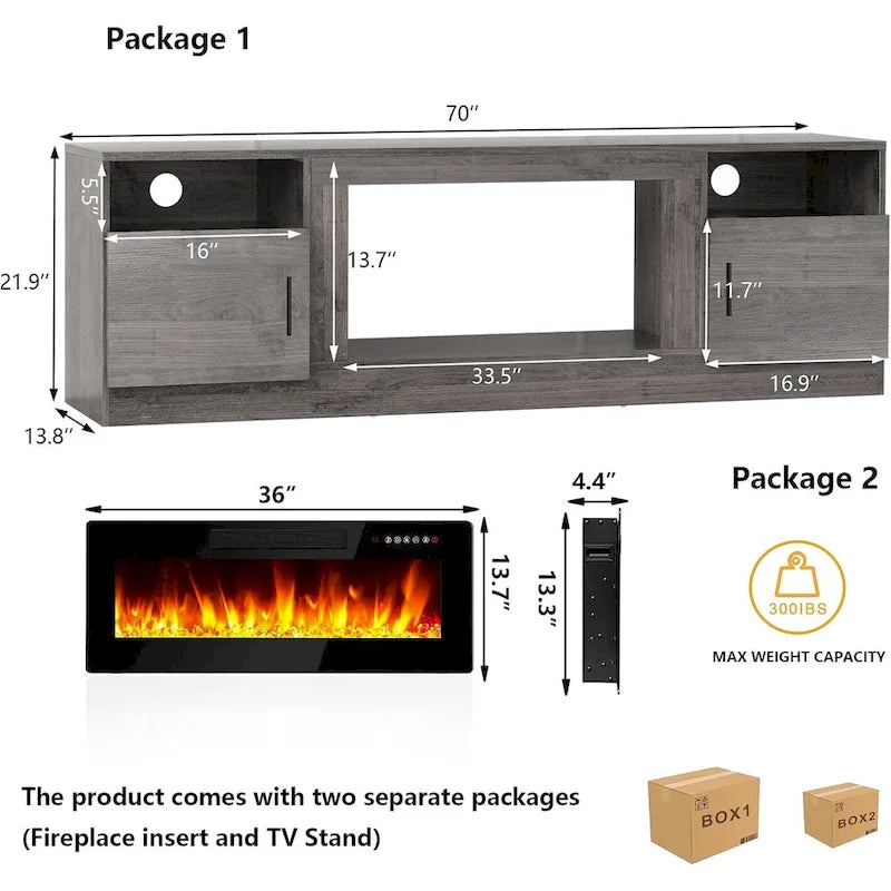 70-Zoll-TV-Ständer mit Kamin und 36-Zoll-Elektrokamin, für Fernseher bis 80 Zoll, LED-Beleuchtung in 16 Farben/Entertainment-Center