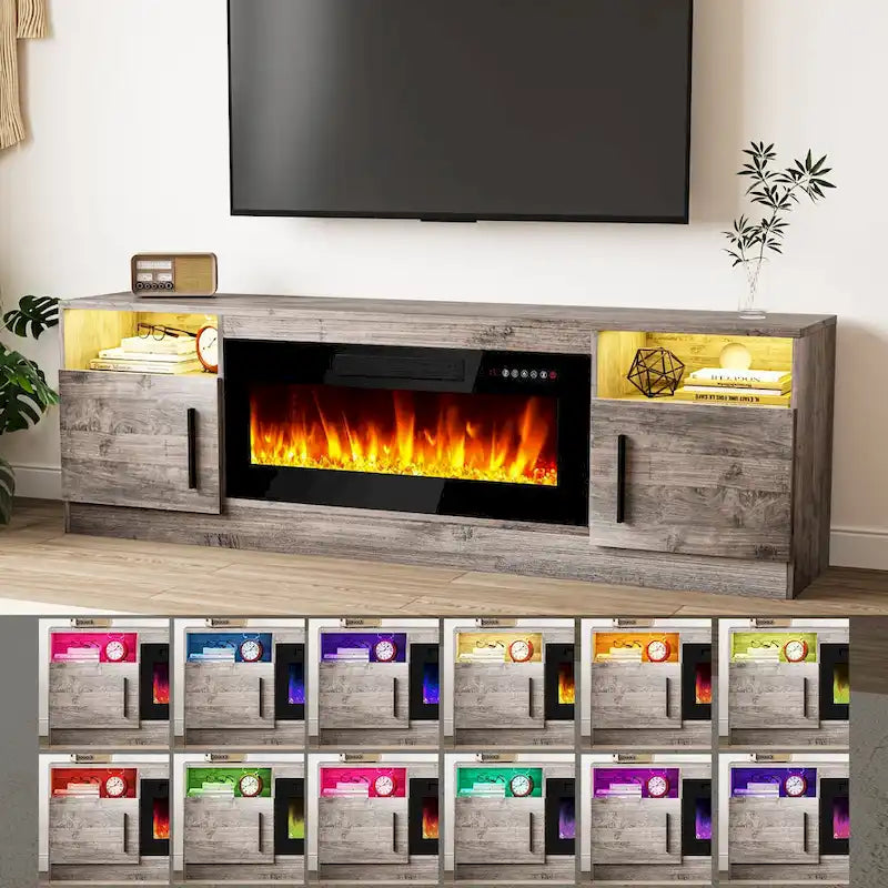 70-Zoll-TV-Ständer mit Kamin und 36-Zoll-Elektrokamin, für Fernseher bis 80 Zoll, LED-Beleuchtung in 16 Farben/Entertainment-Center