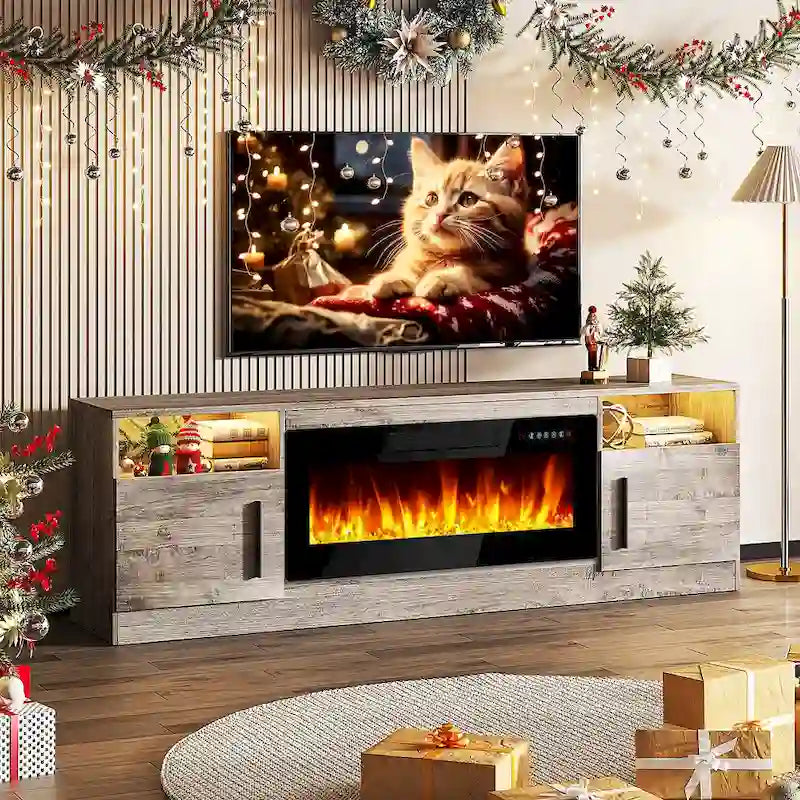 70-Zoll-TV-Ständer mit Kamin und 36-Zoll-Elektrokamin, für Fernseher bis 80 Zoll, LED-Beleuchtung in 16 Farben/Entertainment-Center