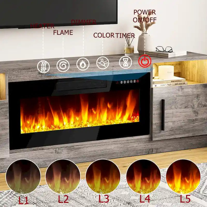 70-Zoll-TV-Ständer mit Kamin und 36-Zoll-Elektrokamin, für Fernseher bis 80 Zoll, LED-Beleuchtung in 16 Farben/Entertainment-Center