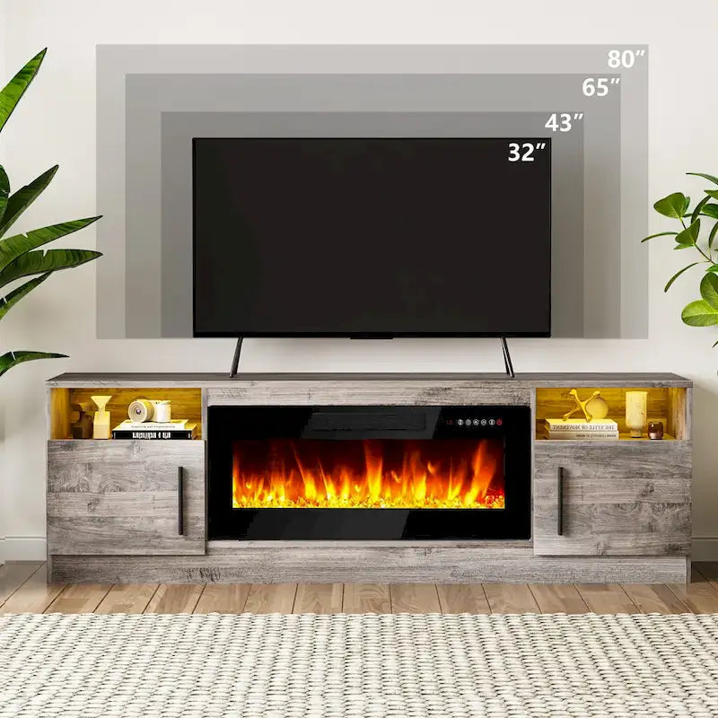 70-Zoll-TV-Ständer mit Kamin und 36-Zoll-Elektrokamin, für Fernseher bis 80 Zoll, LED-Beleuchtung in 16 Farben/Entertainment-Center