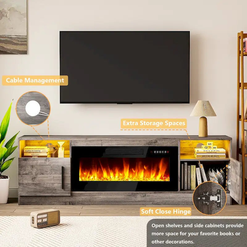 70-Zoll-TV-Ständer mit Kamin und 36-Zoll-Elektrokamin, für Fernseher bis 80 Zoll, LED-Beleuchtung in 16 Farben/Entertainment-Center