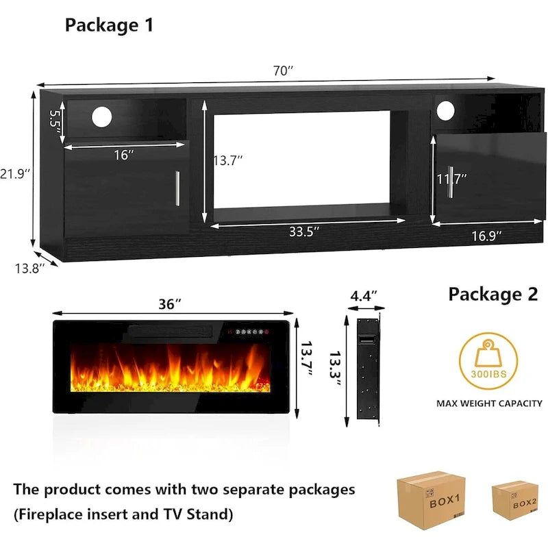 70-Zoll-TV-Ständer mit Kamin und 36-Zoll-Elektrokamin, für Fernseher bis 80 Zoll, LED-Beleuchtung in 16 Farben/Entertainment-Center