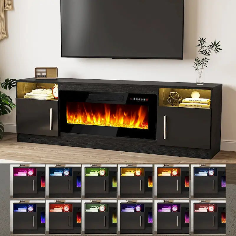 70-Zoll-TV-Ständer mit Kamin und 36-Zoll-Elektrokamin, für Fernseher bis 80 Zoll, LED-Beleuchtung in 16 Farben/Entertainment-Center