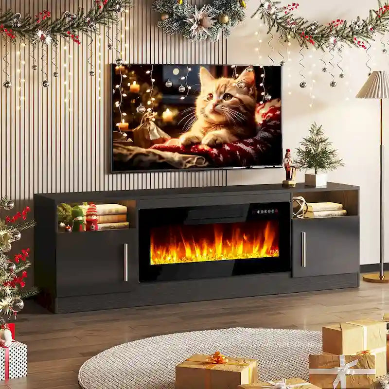 70-Zoll-TV-Ständer mit Kamin und 36-Zoll-Elektrokamin, für Fernseher bis 80 Zoll, LED-Beleuchtung in 16 Farben/Entertainment-Center