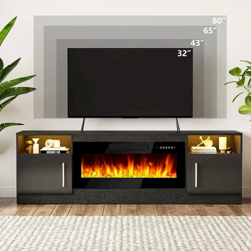 70-Zoll-TV-Ständer mit Kamin und 36-Zoll-Elektrokamin, für Fernseher bis 80 Zoll, LED-Beleuchtung in 16 Farben/Entertainment-Center