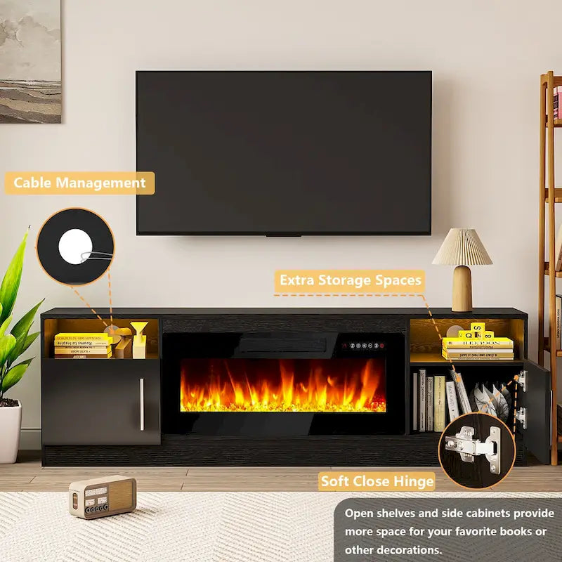 70-Zoll-TV-Ständer mit Kamin und 36-Zoll-Elektrokamin, für Fernseher bis 80 Zoll, LED-Beleuchtung in 16 Farben/Entertainment-Center