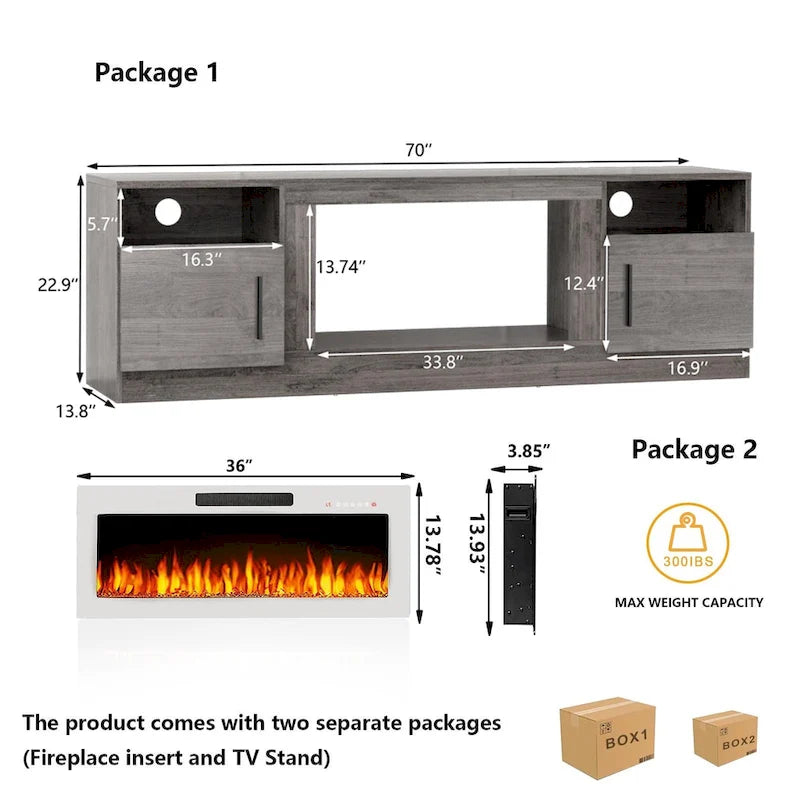 70-Zoll-TV-Ständer mit Kamin und 36-Zoll-Elektrokamin, für Fernseher bis 80 Zoll, LED-Beleuchtung in 16 Farben/Entertainment-Center