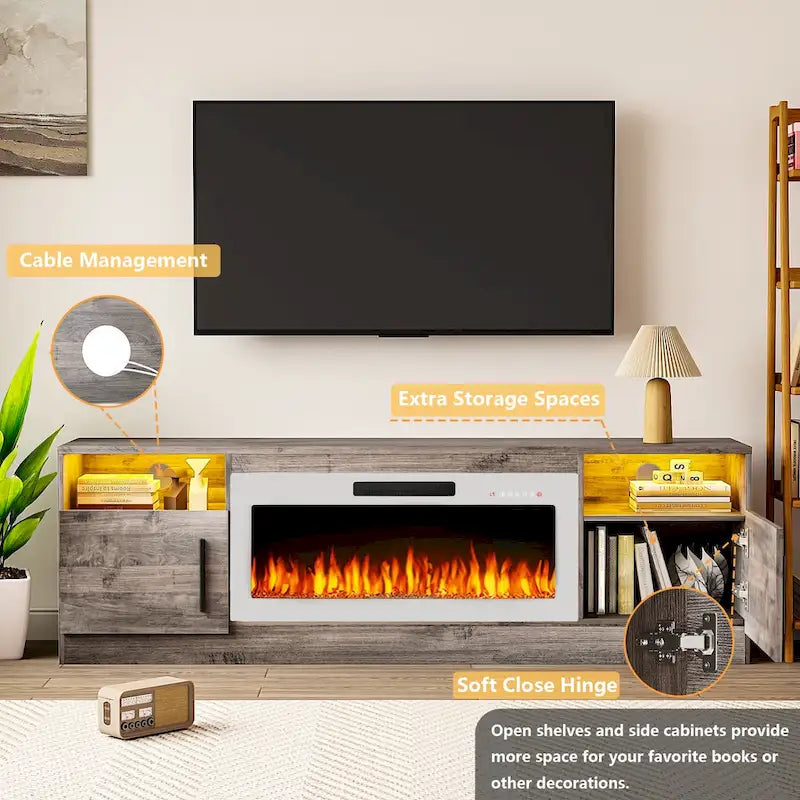 70-Zoll-TV-Ständer mit Kamin und 36-Zoll-Elektrokamin, für Fernseher bis 80 Zoll, LED-Beleuchtung in 16 Farben/Entertainment-Center