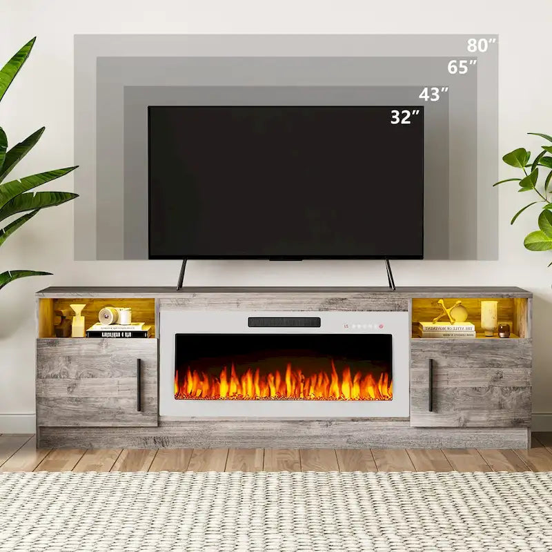 70-Zoll-TV-Ständer mit Kamin und 36-Zoll-Elektrokamin, für Fernseher bis 80 Zoll, LED-Beleuchtung in 16 Farben/Entertainment-Center