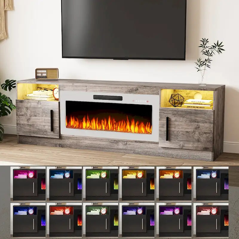 70-Zoll-TV-Ständer mit Kamin und 36-Zoll-Elektrokamin, für Fernseher bis 80 Zoll, LED-Beleuchtung in 16 Farben/Entertainment-Center