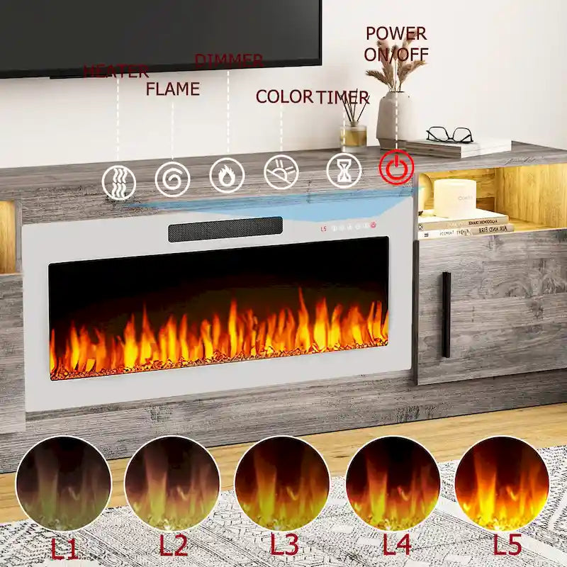70-Zoll-TV-Ständer mit Kamin und 36-Zoll-Elektrokamin, für Fernseher bis 80 Zoll, LED-Beleuchtung in 16 Farben/Entertainment-Center