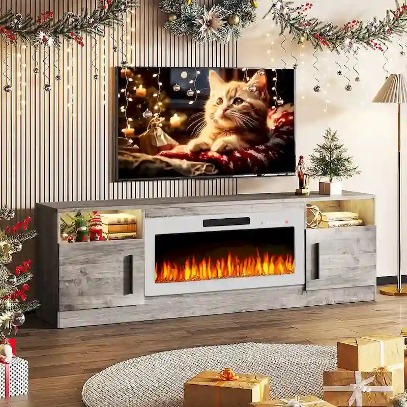 70-Zoll-TV-Ständer mit Kamin und 36-Zoll-Elektrokamin, für Fernseher bis 80 Zoll, LED-Beleuchtung in 16 Farben/Entertainment-Center