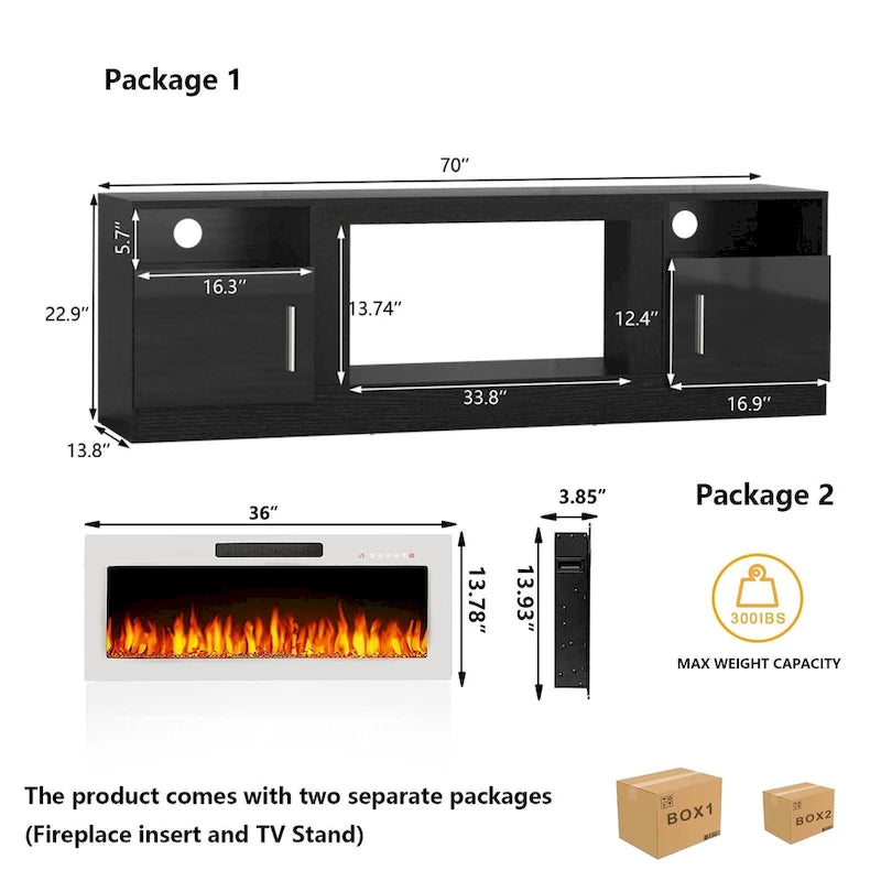 70-Zoll-TV-Ständer mit Kamin und 36-Zoll-Elektrokamin, für Fernseher bis 80 Zoll, LED-Beleuchtung in 16 Farben/Entertainment-Center