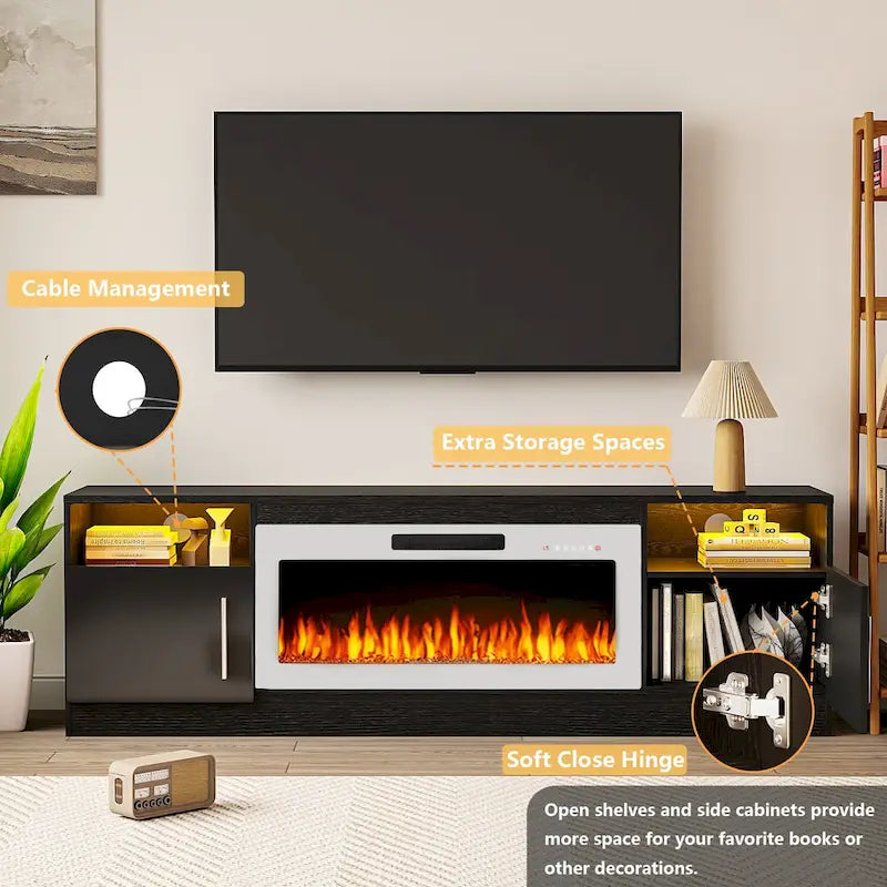 70-Zoll-TV-Ständer mit Kamin und 36-Zoll-Elektrokamin, für Fernseher bis 80 Zoll, LED-Beleuchtung in 16 Farben/Entertainment-Center