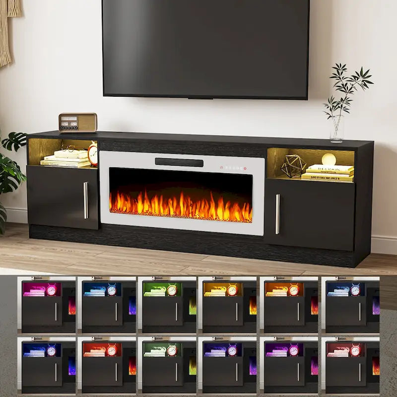 70-Zoll-TV-Ständer mit Kamin und 36-Zoll-Elektrokamin, für Fernseher bis 80 Zoll, LED-Beleuchtung in 16 Farben/Entertainment-Center