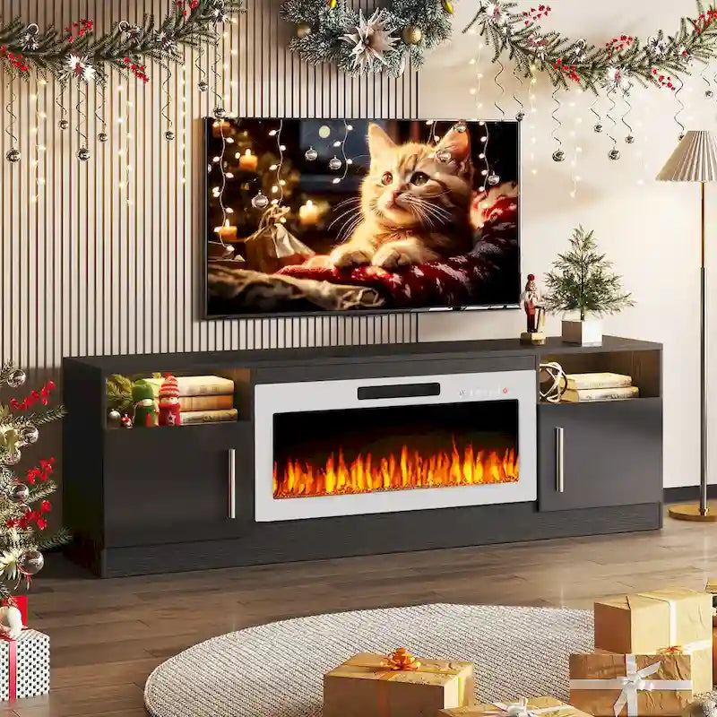 70-Zoll-TV-Ständer mit Kamin und 36-Zoll-Elektrokamin, für Fernseher bis 80 Zoll, LED-Beleuchtung in 16 Farben/Entertainment-Center