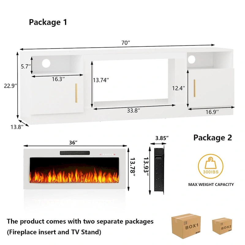 70-Zoll-TV-Ständer mit Kamin und 36-Zoll-Elektrokamin, für Fernseher bis 80 Zoll, LED-Beleuchtung in 16 Farben/Entertainment-Center