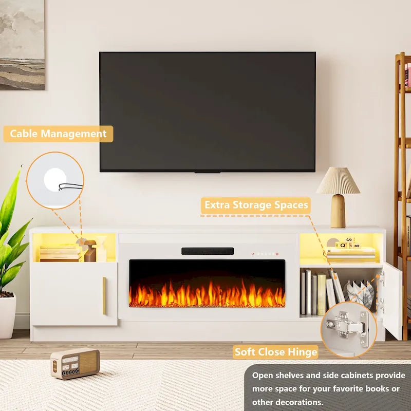70-Zoll-TV-Ständer mit Kamin und 36-Zoll-Elektrokamin, für Fernseher bis 80 Zoll, LED-Beleuchtung in 16 Farben/Entertainment-Center