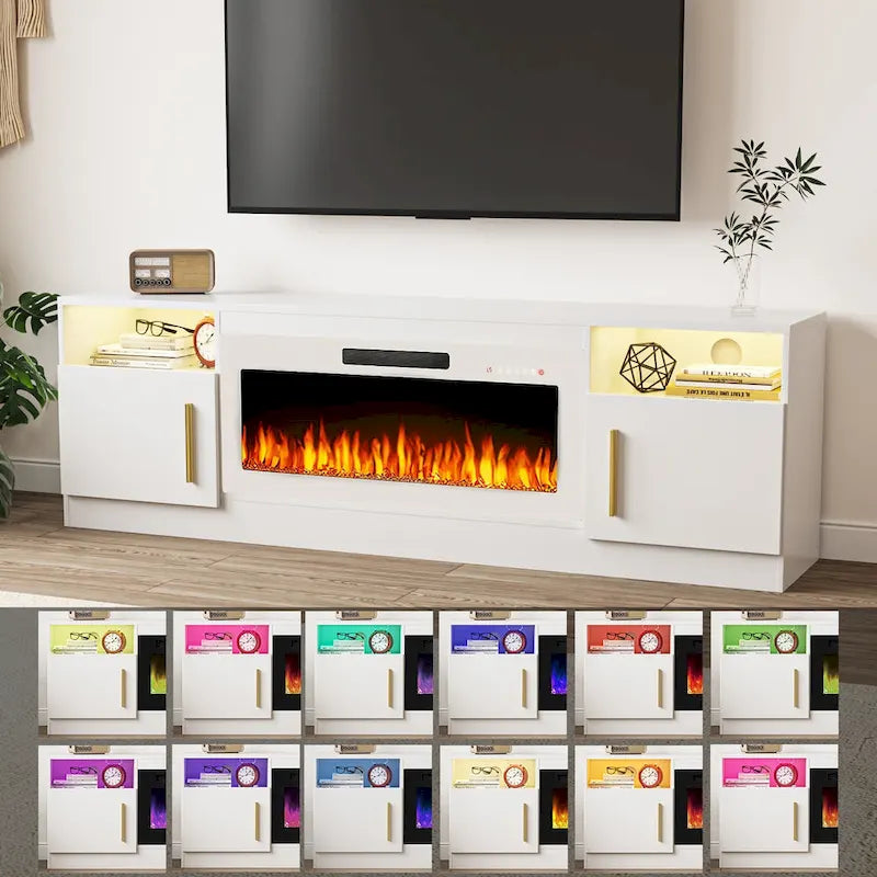70-Zoll-TV-Ständer mit Kamin und 36-Zoll-Elektrokamin, für Fernseher bis 80 Zoll, LED-Beleuchtung in 16 Farben/Entertainment-Center