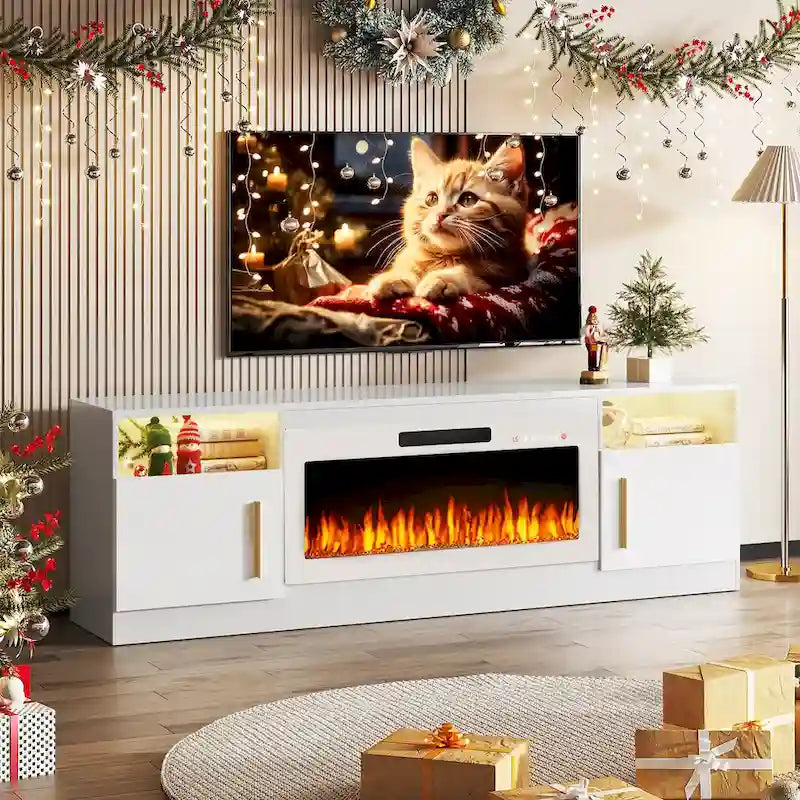 70-Zoll-TV-Ständer mit Kamin und 36-Zoll-Elektrokamin, für Fernseher bis 80 Zoll, LED-Beleuchtung in 16 Farben/Entertainment-Center