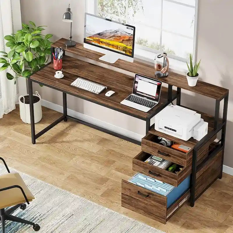 Bureau d’ordinateur de 63 avec support pour écran, bureau ergonomique pour télétravail avec tiroirs et classeur