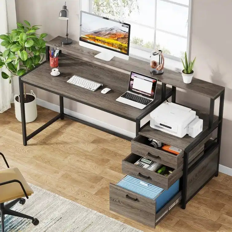 Bureau d’ordinateur de 63 avec support pour écran, bureau ergonomique pour télétravail avec tiroirs et classeur