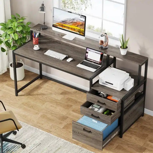 63 Computer Desk with Monitor Stand, Ergonomic Home Office Desks with Drawers File Cabinet