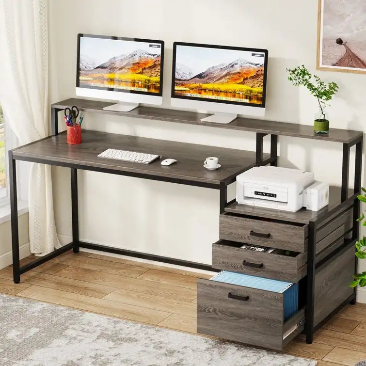 Bureau d’ordinateur de 63 avec support pour écran, bureau ergonomique pour télétravail avec tiroirs et classeur