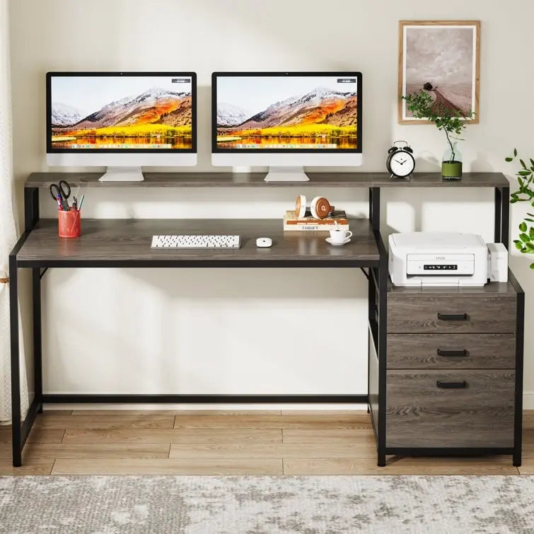 Bureau d’ordinateur de 63 avec support pour écran, bureau ergonomique pour télétravail avec tiroirs et classeur