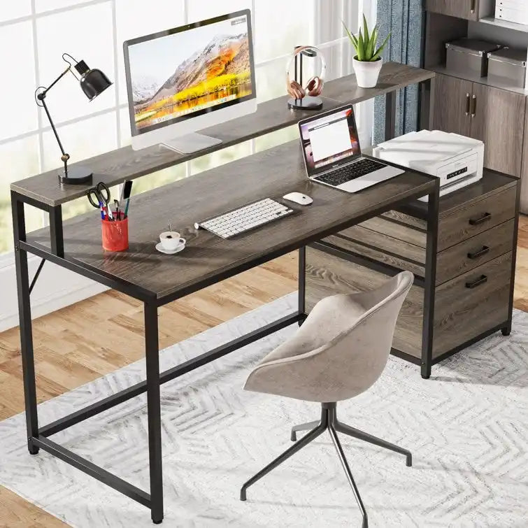 Bureau d’ordinateur de 63 avec support pour écran, bureau ergonomique pour télétravail avec tiroirs et classeur