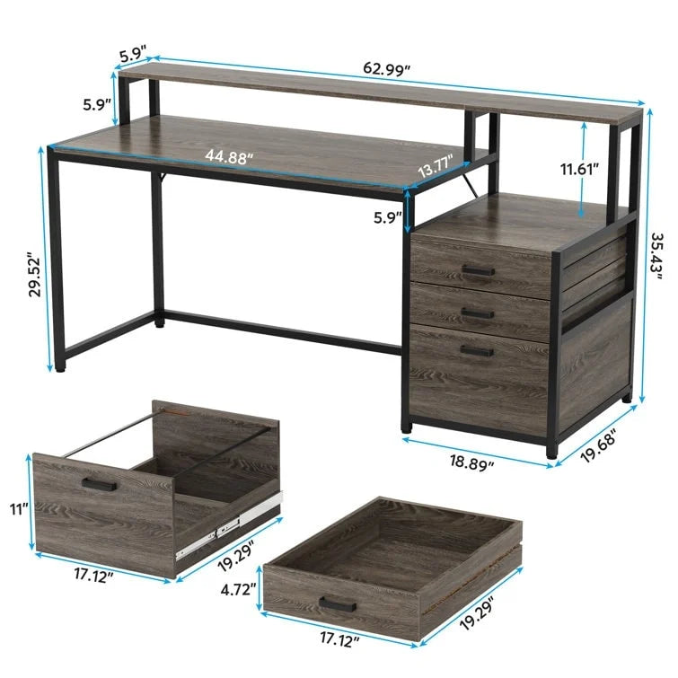 Bureau d’ordinateur de 63 avec support pour écran, bureau ergonomique pour télétravail avec tiroirs et classeur