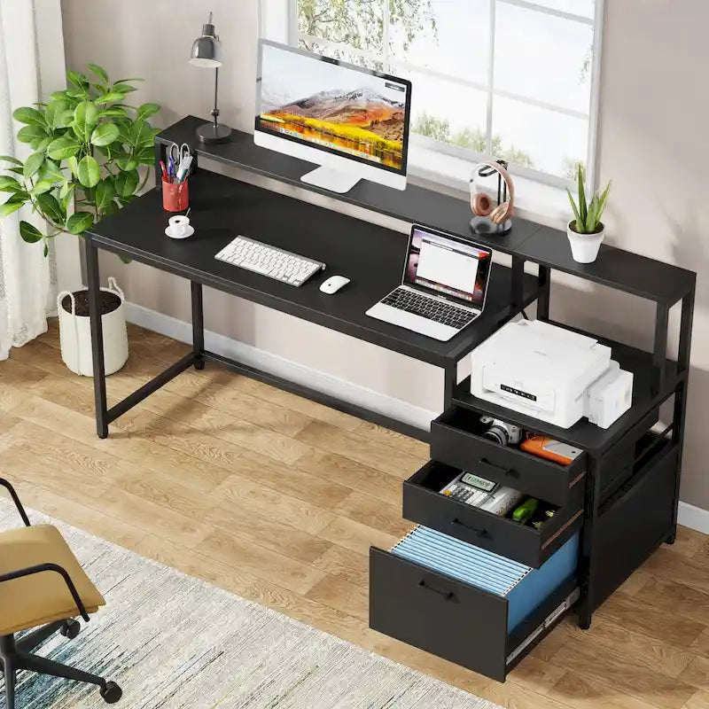 Bureau d’ordinateur de 63 avec support pour écran, bureau ergonomique pour télétravail avec tiroirs et classeur