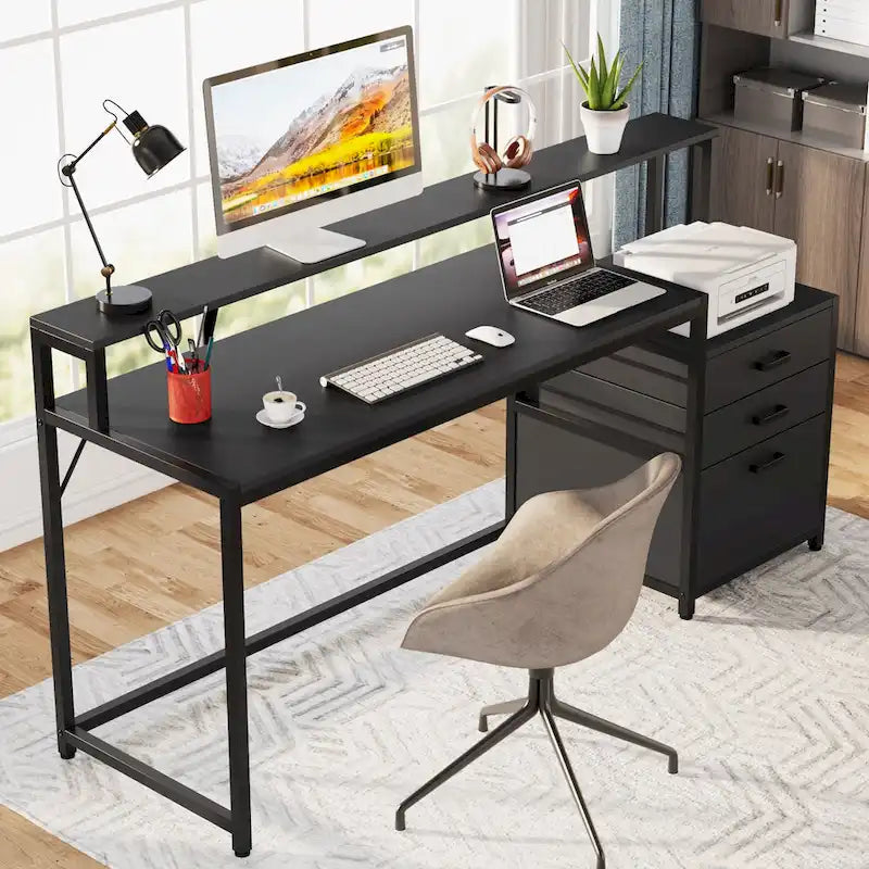 Bureau d’ordinateur de 63 avec support pour écran, bureau ergonomique pour télétravail avec tiroirs et classeur