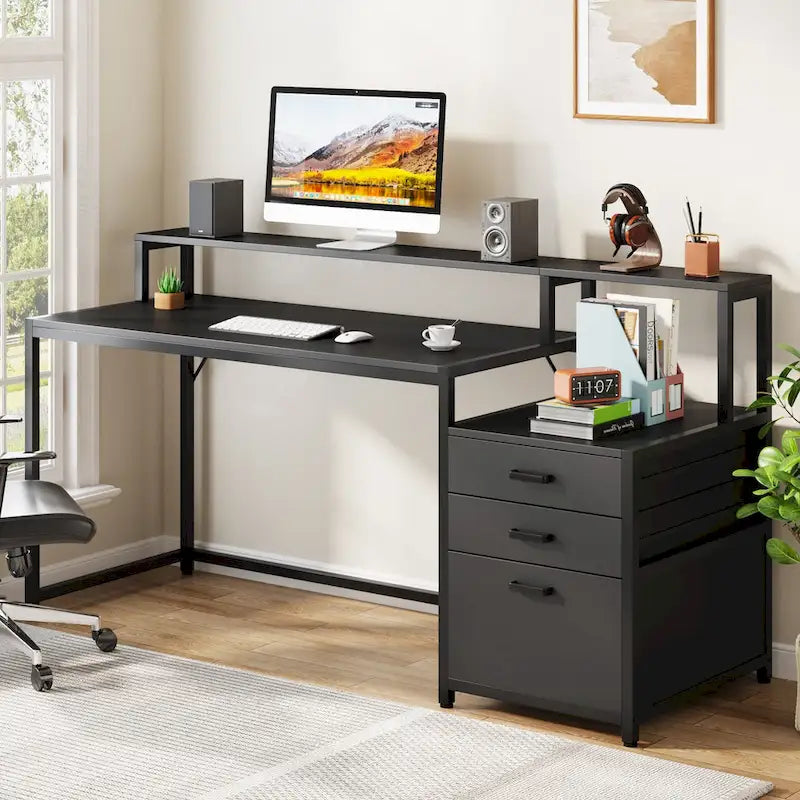Bureau d’ordinateur de 63 avec support pour écran, bureau ergonomique pour télétravail avec tiroirs et classeur