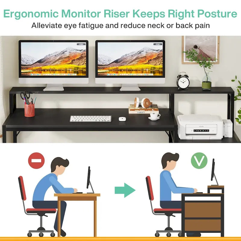 Bureau d’ordinateur de 63 avec support pour écran, bureau ergonomique pour télétravail avec tiroirs et classeur