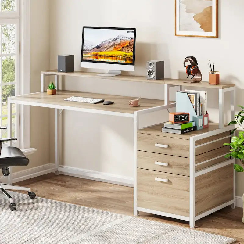 Bureau d’ordinateur de 63 avec support pour écran, bureau ergonomique pour télétravail avec tiroirs et classeur
