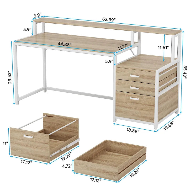 Bureau d’ordinateur de 63 avec support pour écran, bureau ergonomique pour télétravail avec tiroirs et classeur