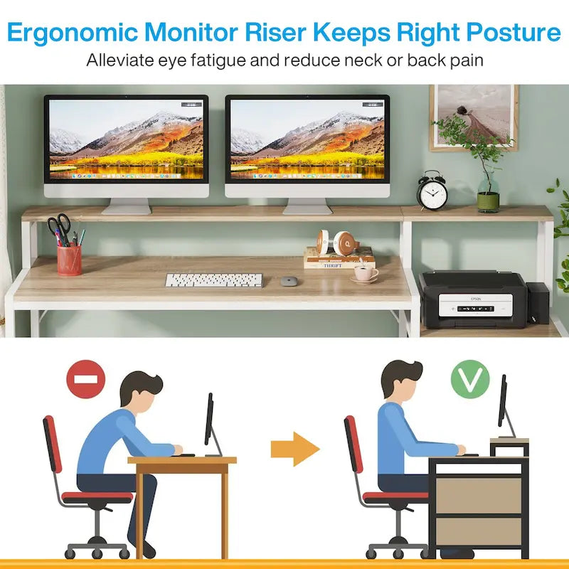 Bureau d’ordinateur de 63 avec support pour écran, bureau ergonomique pour télétravail avec tiroirs et classeur