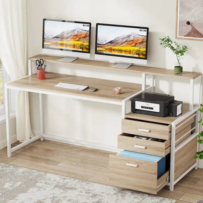 Bureau d’ordinateur de 63 avec support pour écran, bureau ergonomique pour télétravail avec tiroirs et classeur