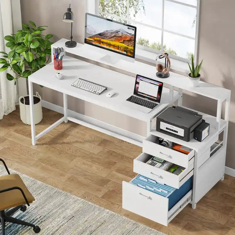 Bureau d’ordinateur de 63 avec support pour écran, bureau ergonomique pour télétravail avec tiroirs et classeur