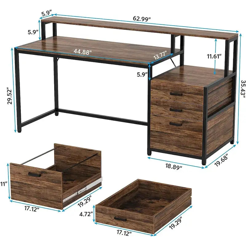 Bureau d’ordinateur de 63 avec support pour écran, bureau ergonomique pour télétravail avec tiroirs et classeur