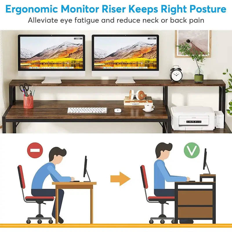 Bureau d’ordinateur de 63 avec support pour écran, bureau ergonomique pour télétravail avec tiroirs et classeur