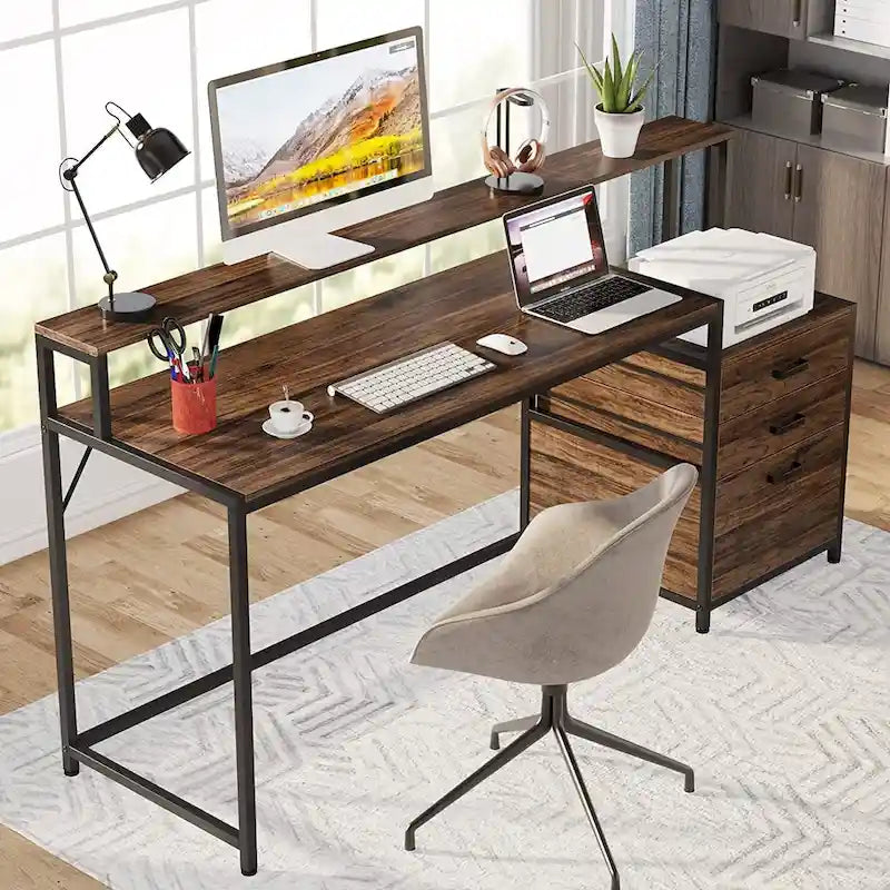 Bureau d’ordinateur de 63 avec support pour écran, bureau ergonomique pour télétravail avec tiroirs et classeur