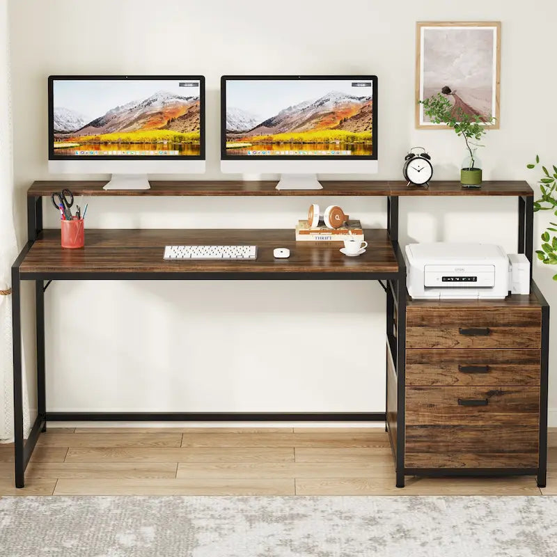 Bureau d’ordinateur de 63 avec support pour écran, bureau ergonomique pour télétravail avec tiroirs et classeur