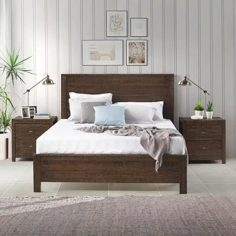 Estructura de cama de madera maciza tamaño matrimonial (con cabecero)