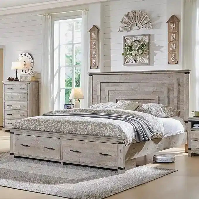Bauernhaus-Bettrahmen in Queen-Size mit 54 hohem Kopfteil und 2 großen Schubladen