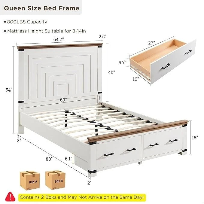 Bauernhaus-Bettrahmen in Queen-Size mit 54 hohem Kopfteil und 2 großen Schubladen
