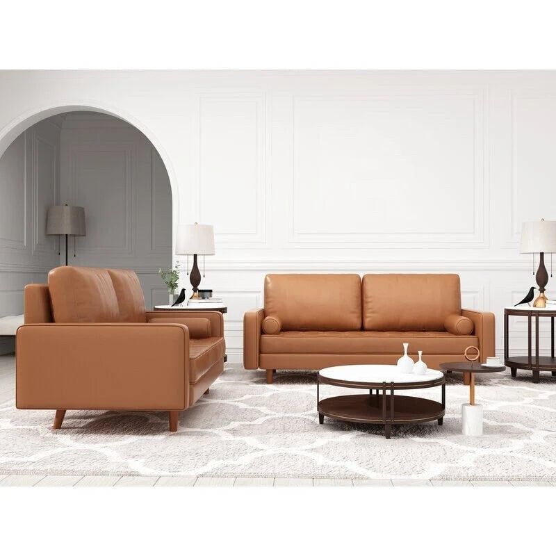 Ensemble de salon de 2 pièces avec canapé et causeuse en cuir à accoudoirs carrés de style milieu du siècle - largeur du canapé : 70 et largeur de la causeuse : 58